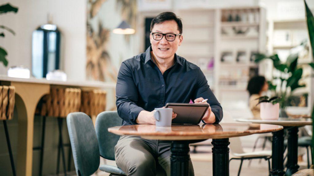 Remote worker in a cafe shop